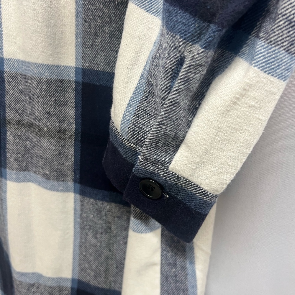 Flannel Plaid Shacket Buttondown Dress Long Coat Navy White Tartan Medium - Picture 5 of 7